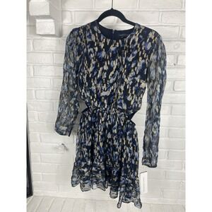New French Connection metallic print mini dress Size 2 blue gold party holiday